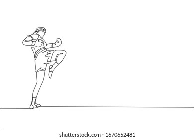 Single continuous line drawing of young sportive man training thai boxing at gym club center. Combative muay thai sport concept. Competition event. Trendy one line draw design vector illustration