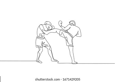 Single continuous line drawing of young sportive man kickboxer fight in sport arena for local championship title. Fight competition kickboxing sport concept. One line draw design vector illustration