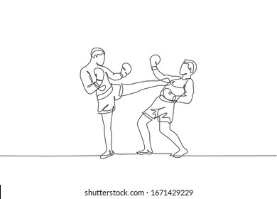 Single continuous line drawing of young sportive man kickboxer fighting for champion title in sport hall. Fight competition kickboxing sport concept. Trendy one line draw design vector illustration