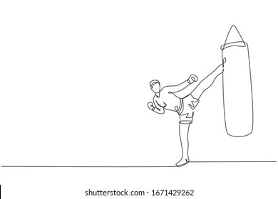 Single continuous line drawing of young sportive man kickboxer exercise kicking punch bag in sport hall. Fight competition kickboxing sport concept. Trendy one line draw design vector illustration