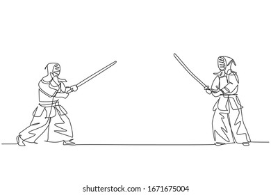 Dibujo de línea continua de un joven deportista practicando kendo básica, postura antes de luchar en el gimnasio centro deportivo. El concepto de lucha contra el deporte. Ilustración vectorial de diseño de tracción de una línea de moda