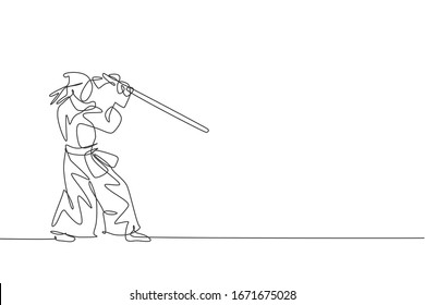 Dibujo en línea continua de un joven deportista practicando kendo arte marcial de defensa en el gimnasio centro deportivo. El concepto de lucha contra el deporte. Ilustración vectorial de diseño de tracción de una línea de moda