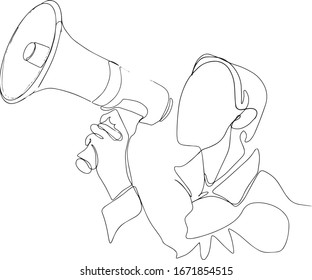 Single continuous line drawing of young eagerness businessman shouting loudly using megaphone to train his speak. Public speaking practice concept one line draw design illustration. One line art.