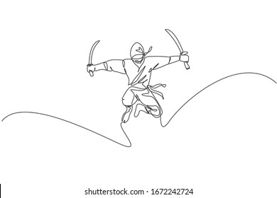 Dibujo de una línea continua de la joven guerrera de la cultura japonesa ninja con disfraz de máscara con pose de ataque puente. Arte marcial luchando contra el concepto samurai. Ilustración vectorial de diseño de tracción de una línea de moda