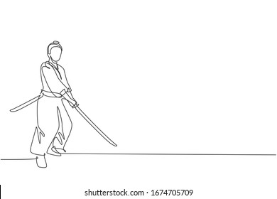 Single continuous line drawing of young strong samurai warrior wearing traditional uniform holding sword at festival. Ancient fighter soldier concept. Trendy one line draw design vector illustration