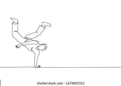 Single continuous line drawing of young sportive man practice Brazilian capoeira move dance at outdoor street. Culture martial art and sport concept. Trendy one line draw design vector illustration