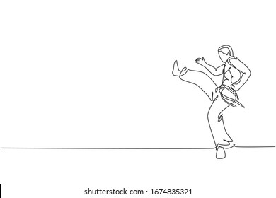 Single continuous line drawing of young sportive man practice Brazilian capoeira move dance at outdoor street. Culture martial art and sport concept. Trendy one line draw design vector illustration