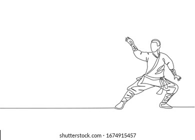 Single continuous line drawing young muscular shaolin monk man train martial art at shaolin temple. Traditional Chinese kung fu fight concept. Trendy one line draw design graphic vector illustration