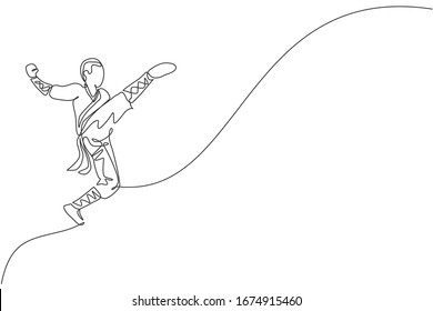 Single continuous line drawing young muscular shaolin monk man train jumping kick at shaolin temple. Traditional Chinese kung fu fight concept. Trendy one line draw graphic design vector illustration