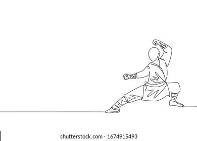 Single continuous line drawing young muscular shaolin monk man train martial art at shaolin temple. Traditional Chinese kung fu fight concept. Trendy one line draw graphic design vector illustration