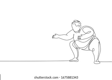 Single continuous line drawing of young big fat Japanese sumo man training at arena gym center. Traditional festival martial art concept. Trendy one line draw design vector graphic illustration