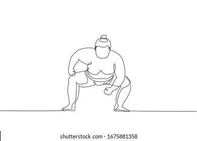 Single continuous line drawing of young big fat Japanese sumo man training at arena gym center. Traditional festival martial art concept. Trendy one line draw design vector illustration graphic