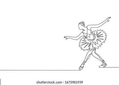 Single continuous line drawing of young graceful pretty ballerina demonstrated classic ballet choreography dancing skill. Opera dance concept. Trendy one line draw design graphic vector illustration