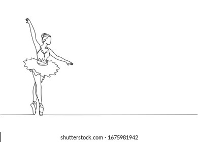 Einzelne fortlaufende Zeichnung jugendlicher hübscher Ballerina zeigte klassische Ballettchoreographie-Tanzkunst. Operntanzkonzept. Trendfarbene Vektorillustration mit einer Linie, die Design-Illustration