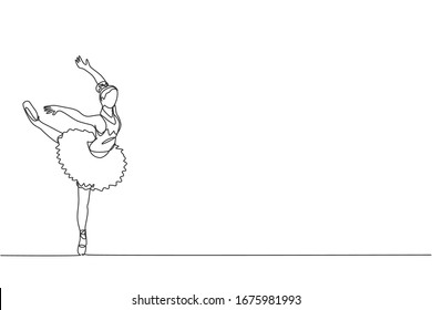 Single continuous line drawing of young graceful pretty ballerina demonstrated classic ballet choreography dancing skill. Opera dance concept. Trendy one line draw design graphic vector illustration