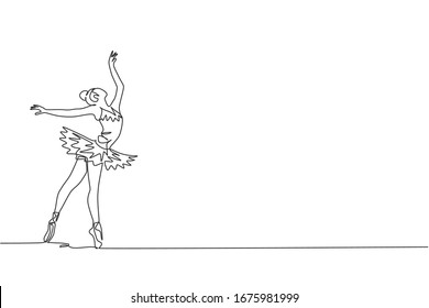 Single continuous line drawing of young graceful pretty ballerina demonstrated classic ballet choreography dancing skill. Opera dance concept. Trendy one line draw graphic design vector illustration