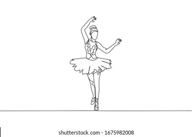 Single continuous line drawing of young graceful pretty ballerina demonstrated classic ballet choreography dancing skill. Opera dance concept. Trendy one line draw design vector illustration graphic