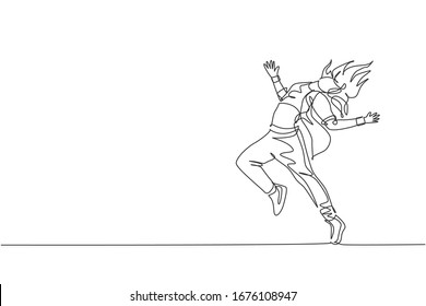 Single continuous line drawing of young energetic hip-hop dancer woman practice break dancing in street. Urban generation lifestyle concept. Trendy one line draw design graphic vector illustration