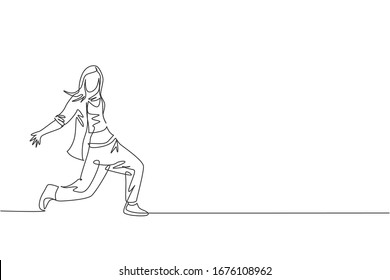 Single continuous line drawing of young energetic hip-hop dancer woman on jacket practice break dancing in street. Urban generation lifestyle concept. Trendy one line draw design vector illustration