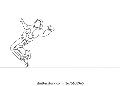 Single continuous line drawing of young energetic hip-hop dancer man on hoodie practice break dancing on street. Urban generation lifestyle concept. Trendy one line draw design vector illustration