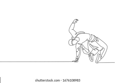 Single continuous line drawing of young energetic hip-hop dancer man on tracksuit practice break dancing in street. Urban generation lifestyle concept. Trendy one line draw design vector illustration