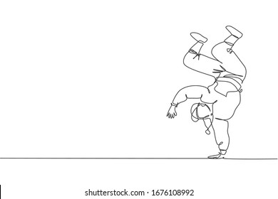 Single continuous line drawing of young energetic hip-hop dancer man on hoodie practice break dancing in street. Urban generation lifestyle concept. Trendy one line draw design vector illustration