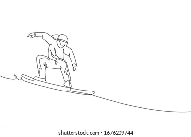 Single continuous line drawing of young sportive snowboarder man riding snowboard at mountain. Outdoor extreme sport. Winter season vacation concept. Trendy one line draw design vector illustration