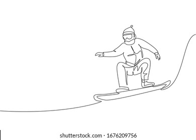 Single continuous line drawing of young sportive snowboarder man jumping ride snowboard at mountain. Outdoor extreme sport. Winter vacation concept. Trendy one line draw design vector illustration