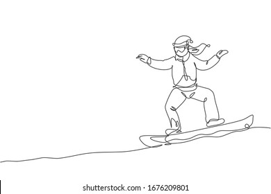 Single continuous line drawing of young sportive snowboarder woman riding snowboard at mountain. Outdoor extreme sport. Winter season vacation concept. Trendy one line draw design vector illustration