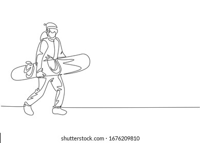 Single continuous line drawing of young sportive snowboarder man walk and hold snowboard at mountain. Outdoor extreme sport. Winter season vacation concept. One line draw design vector illustration
