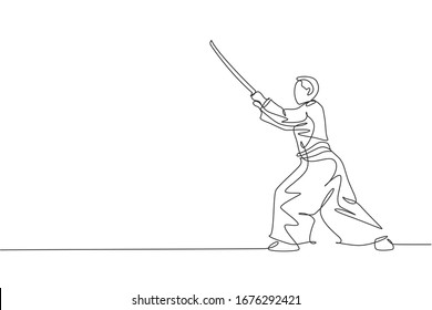 Single Continuous Line Drawing Of Young Sportive Man Wearing Kimono Practice Aikido With Wooden Sword Fighting Technique. Japanese Martial Art Concept. Trendy One Line Draw Design Vector Illustration