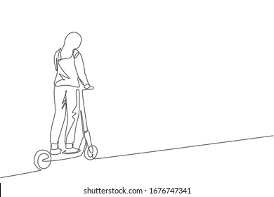 Single continuous line drawing of young happy woman riding electric scooter at public area. Eco friendly transportation. Urban lifestyle concept. Trendy one line draw design vector illustration