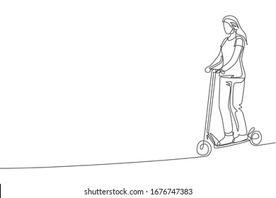 Single continuous line drawing young happy woman riding electric scooter at public area. Eco friendly transportation. Urban lifestyle concept. Trendy one line draw graphic design vector illustration