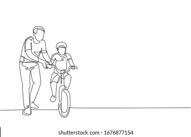 Single continuous line drawing of young kids boy learning ride bicycle with father at outdoor park. Parenthood lesson. Family time concept. Trendy one line draw design vector illustration graphic