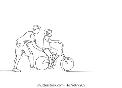 Single continuous line drawing of young kids girl learning ride bicycle with father at outdoor park. Parenthood lesson. Family time concept. Trendy one line draw graphic design vector illustration