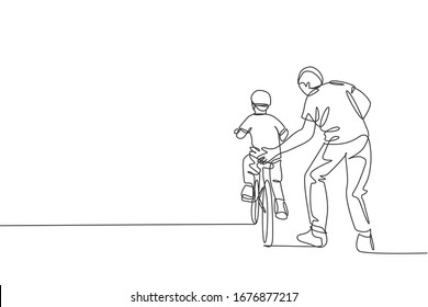 Single continuous line drawing of young son learning ride bicycle with father at outdoor park. Parenthood lesson. Family time concept. Trendy one line draw design vector illustration graphic