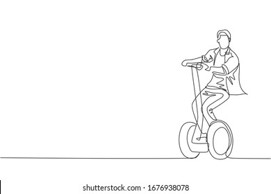 Single continuous line drawing of young happy man riding electric kick scooter at public area. Eco friendly transportation. Urban lifestyle concept. Trendy one line draw design vector illustration