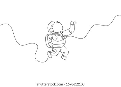 Single continuous line drawing of young cosmonaut scientist discovering spacewalk universe in vintage style. Astronaut cosmic traveler concept. Trendy one line draw design vector graphic illustration