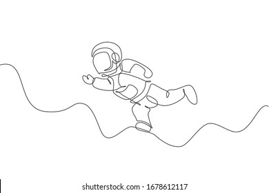 Single continuous line drawing of young cosmonaut scientist discovering spacewalk universe in vintage style. Astronaut cosmic traveler concept. Trendy one line draw graphic design vector illustration