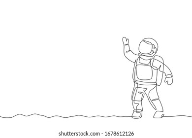 Dibujo de línea continua de un joven científico cosmonauta que descubre el universo de las alamedas espaciales en estilo vintage. Concepto de viajero cósmico astronauta. Ilustración vectorial de diseño de tracción de una línea de moda