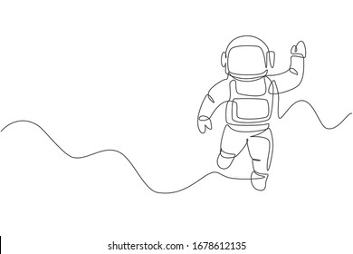 Single continuous line drawing of young cosmonaut scientist discovering spacewalk universe in vintage style. Astronaut cosmic traveler concept. Trendy one line draw design vector graphic illustration