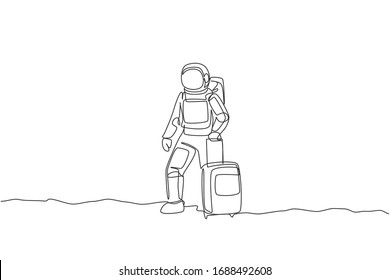 Un solo dibujo de línea continua de un joven astronauta que lleva la bolsa de equipaje quiere viajar en la superficie lunar. Concepto de galaxia cósmica del hombre espacial. Ilustración vectorial de diseño de tracción de una línea de moda
