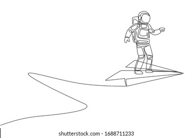Single continuous line drawing of young astronaut standing steady still at flying paper plane on the sky. Cosmonaut outer space concept. Trendy one line draw graphic design vector illustration