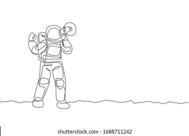 Single continuous line drawing young astronaut holding megaphone and speaking loudly to public in moon surface. Cosmonaut outer space concept. Trendy one line draw graphic design vector illustration