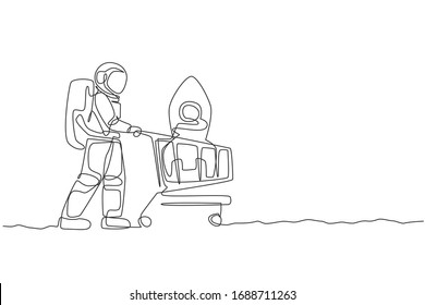 Single continuous line drawing of young astronaut pushing shopping cart in supermarket and buying rocket toy. Cosmonaut outer space concept. Trendy one line draw design graphic vector illustration