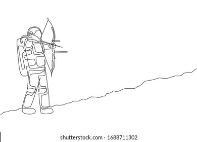 Single continuous line drawing of young astronaut practicing archery to shoot bullseye on target in moon surface. Cosmonaut outer space concept. Trendy one line draw design vector graphic illustration