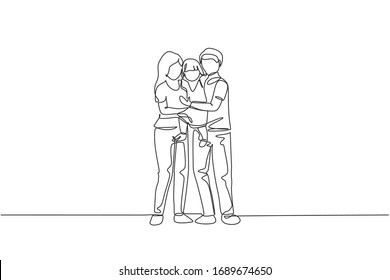 Single continuous line drawing of young happy mom and dad carrying their lovely daughter full of warmth together. Happy family concept. Trendy one line draw design vector graphic illustration