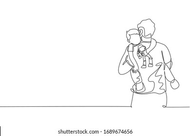 Single continuous line drawing of young happy father hugging full of warmth his sleepy boy while holding robot toy. Happy family concept. Trendy one line draw design vector illustration graphic