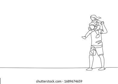 Single continuous line drawing young happy father playing together   lifting his daughter shoulder  Happy family concept  Trendy one line draw design graphic vector illustration
