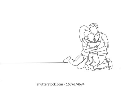 Single continuous line drawing of young happy mother and father hugging their lovely son together full of warmth. Happy family concept. Trendy one line draw graphic design vector illustration